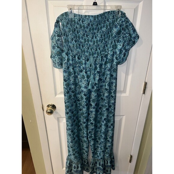 Bog collective Jumpsuit Womens Large floral Ruffle flare Hem Off Shoulder Sleeve - Picture 10 of 11